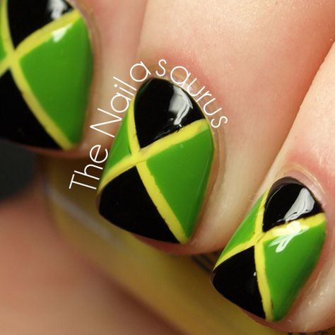 The Nailasaurus: 31DC2012 Day 28: Inspired by a Flag... Jamaica Jamaica Nail Designs, Caribbean Nails, Jamaica Nails, Rasta Nails, Flag Nails, Uk Nails, Jamaica Flag, Vintage Nails, Creative Nail Designs