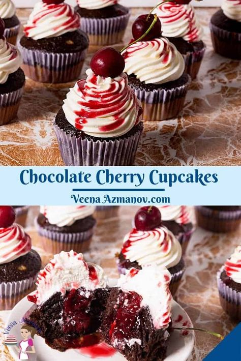 Cherry Cupcakes Recipes, Whipped Cream Buttercream, Chocolate Cherry Cupcakes, Cherry Frosting, Chocolate Cupcakes Filled, Cherry Delight, Cupcakes Filled, Chocolate Cupcakes Moist, Cherry Preserves