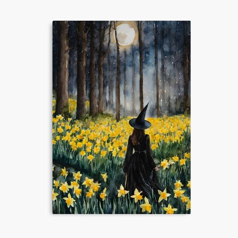 Get my art printed on awesome products. Support me at Redbubble #RBandME: https://www.redbubble.com/i/canvas-print/Ostara-Full-Moon-by-Lyra-Witch/153454085.5Y5V7?asc=u Full Moon Art, Witchy Stickers, Moon Art Print, Spring Equinox, Halloween Painting, A Witch, Moon Art, Tag Art, Daffodils