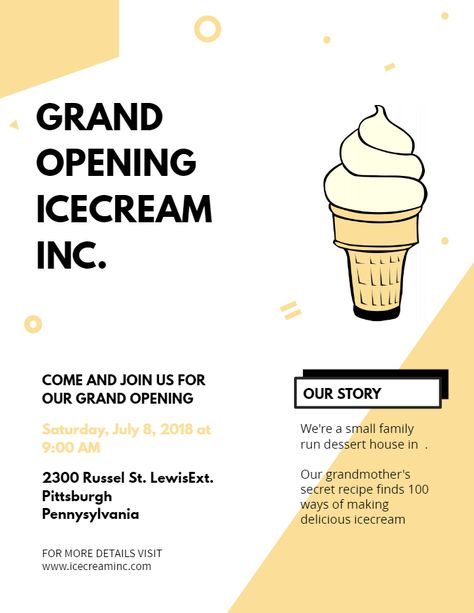 Small business/ice cream parlor grand opening event flyer poster template. Ice Cream Opening Poster, Business Poster Design Ideas, Leaflet Examples, Branding Plan, Leaflet Design Template, Business Poster Design, Event Advertisement, Boho Restaurant, Bakery Poster