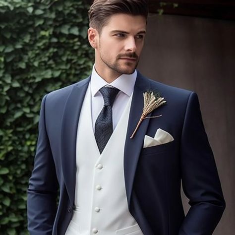 Fashion Navy Blue Wedding Suits For Men Slim Fit Groom Tuxedos 3 PCS Business Jacket+White Navy Blue Suit Wedding, Blue Suit Wedding, Business Jacket, Groom Tuxedo, Navy Blue Wedding, Wedding Suits Men, Vest White, Tuxedos, Slim Fit Men