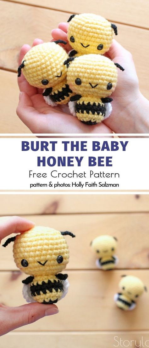 Burt the Baby Honey Bee Free Crochet Pattern Amigurumi Bee, Bee Free, Easy Knitting Projects, Crochet Geek, Crochet Bee, Crochet Animals Free Patterns, Amigurumi Ideas, Crochet Animal Patterns, Crochet Diy