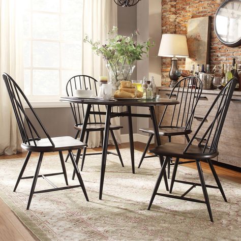 Weston Home Jameson 5 Piece Round Dining Set - 685118W-423A5PC Minimalist Breakfast, Black Dining Set, Windsor Dining Chairs, Curved Chair, Classic Coastal, Brown Chair, Round Dining Set, Entertaining Space, Printed Rug