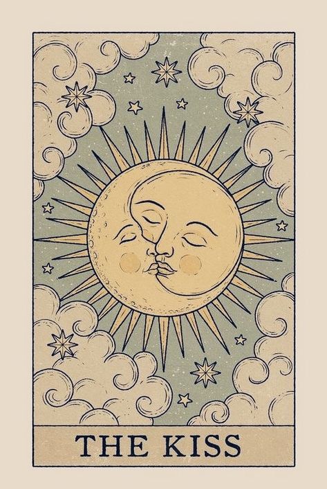 Tarot Card Widget, Moon And Sun Kissing Tattoo, Tarot Cards Sun And Moon, Sun And Moon Tattoo Tarot, Moon And Sun Illustration, Celestial Sun And Moon Art, Moon And Sun Drawing, The Lovers Tarot Meaning, Sun And Moon Illustration