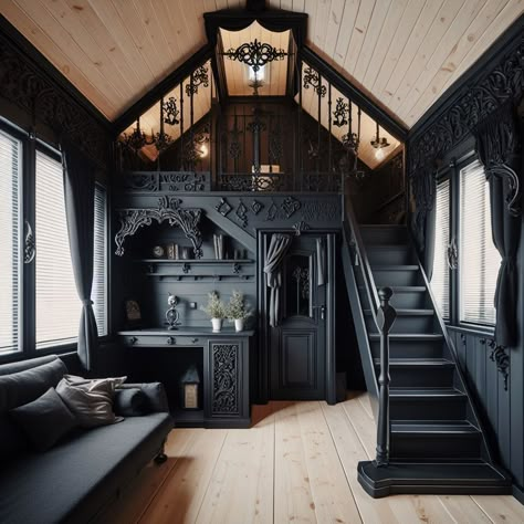 Gothic Tiny House, Brooklyn Navy Yard, Tiny House Inspiration, Tiny Home Ideas, Dark Home Decor, Modern Tiny House, Dark Home, Tiny House Decor, Frame House