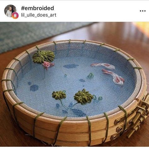 Koi Pond Embroidery, Pond Embroidery, Karp Koi, Bee Embroidery, Embroidered Art, Pola Sulam, Cute Embroidery, 자수 디자인, Sewing Embroidery Designs