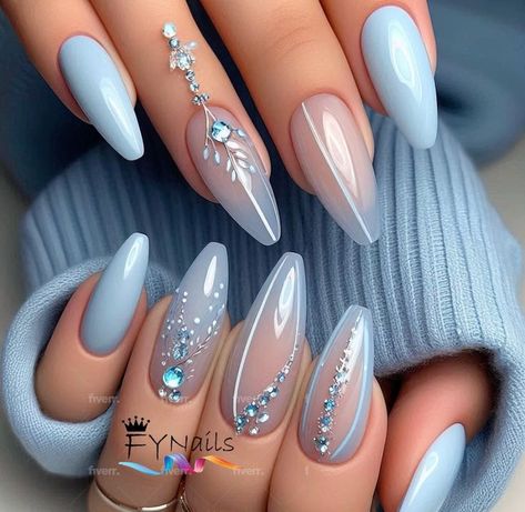 Baby Blue Nails Ideas, White Blue Nails, Cinderella Nails, Blue Wedding Nails, Cherry Blossom Nails Art, Cherry Blossom Nails, Fancy Nails Designs, Baby Nails, Pretty Nail Designs