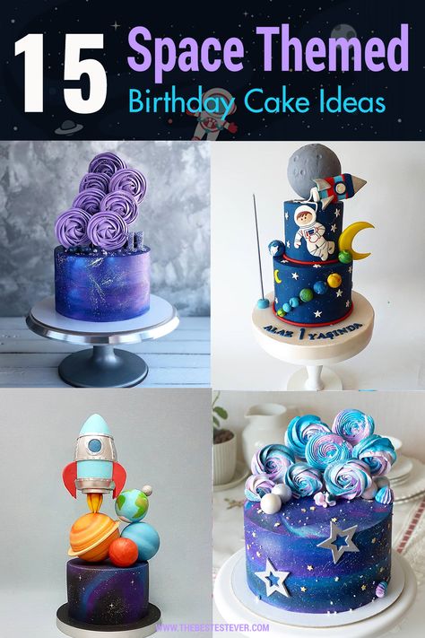 We highlight 15 of the best space birthday cakes that are perfect for an outer-spaced themed party.  These cakes are perfect for a boy or girl and they range from having everything from astronauts, rocket ships, stars, planets and much more.   #spacebirthday #spacebirthdaycakes #spacecakes Moon Cakes Birthday, Planets Themed Birthday Party, Space Cake Decorating, Galaxy Theme Birthday Cake, Outer Space 1st Birthday Cake, Space Bday Cake, Rocket Ship Cake Space Theme, Outer Space Theme Cake, Space Birthday Desserts