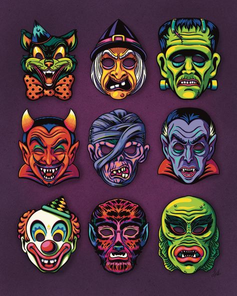 Delightfully fearsome, in vivid colors…prep for Halloween with these ghastly horrors! . . Falls just around the corner and if you’re… | Instagram Halloween Characters Drawings, Horror Character Art, Vintage Halloween Tattoos, Kitchy Halloween, Halloween Vintage Art, Vintage Halloween Illustration, Horror Paintings, Vintage Halloween Prints, Pumpkin Inspo