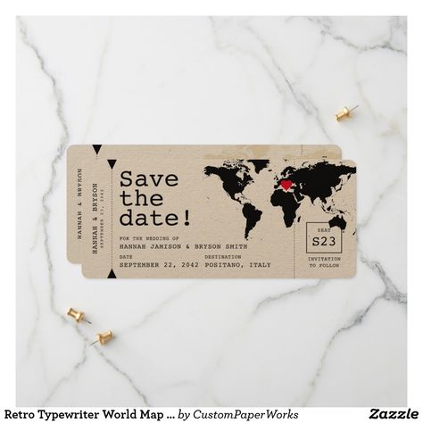 Retro Typewriter World Map Wedding Boarding Pass Ticket Save The Date on kraft paper printed from a template you can edit online and order prints all at once for an easy and fun wedding date announcement with travel information for guests on the back. #destinationwedding #savethedate #boardingpass #ticket #wedding #ideas #stationery #map #traveltheme Ticket Save The Date, World Map Design, Retro Typewriter, Typewriter Font, Travel Theme Wedding, Wedding Abroad, Stationery Accessories, Travel Inspired, Vintage Heart