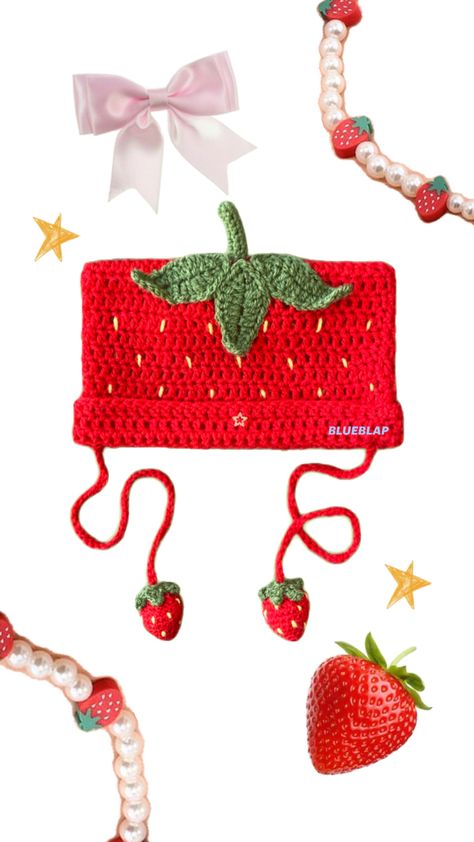 https://blueblap.etsy.com Strawberry Cat Beanie, Strawberry Cat, Crochet Strawberry, Cat Beanie, Cute Crochet, Crochet Clothes, Clothing Patterns, Crochet, Pattern