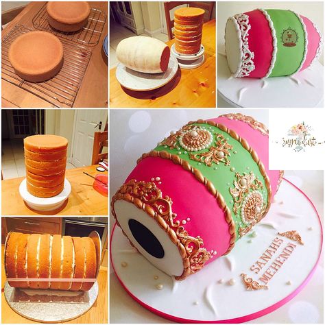 **DHOLKI CAKE TUTORIAL** . 1) I bake 4 deep 8" sponges (you may bake more sponges if wider size is required) . 2) Slice, fill, level and… Dholki Cake Design, Mehendi Cake Ideas, Dholki Cake Ideas, Dhol Cake, Mehendi Cake, Dholki Cake, Mehndi Cake, Buttercream Ganache, Crumb Coat