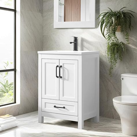 White Bathroom Vanities, Storing Cleaning Supplies, Cabinet With Sink, Matte Black Faucet, Space Saving Bathroom, Black Faucet, Sink Sizes, Small Bathroom Vanities, Vanity Accessories