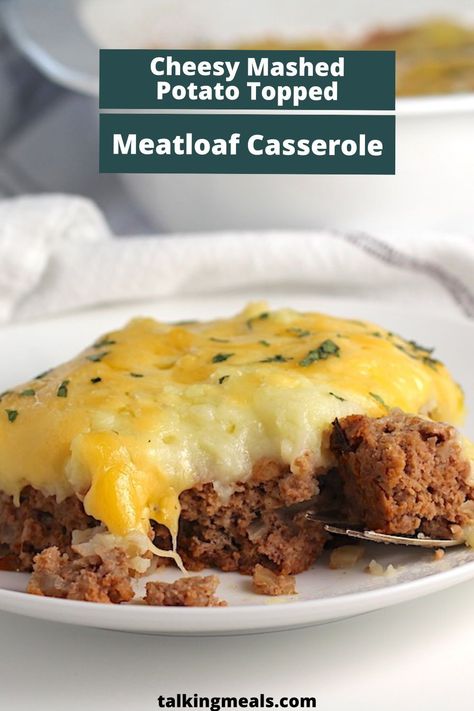 This Meatloaf Casserole Recipe is a great way to make dinner ahead, then just heat up and enjoy on a busy weeknight. You get the flavorful tender meatloaf on the bottom, topped with creamy fluffy mashed potatoes, then melty salty cheese on top. It’s total comfort food. All you need to add is a side vegetable and you have a complete meal. Meatloaf Mashed Potatoes On Top, Meatloaf Mashed Potato Casserole, Mashed Potato Meatloaf Casserole, Meatloaf With Potatoes On Top, Meatloaf Casserole With Mashed Potatoes, Meatloaf With Mashed Potatoes And Cheese, Meatloaf Muffins Recipe, Meatloaf Topping, Meatloaf Casserole