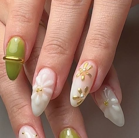 Jenny J Nailz on Instagram: "Natural almond nails structured gel manicure brush application, with a universal dual form fix in milky white by @mgartgel jelly green, 3-D flowers and gold chrome. 💛" Green Blooming Gel Nails, 3d Jelly Nails, Structured Gel Manicure, Blooming Gel Nails, Natural Almond Nails, Blooming Gel, Jelly Nails, Gold Chrome, Milky White