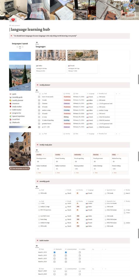 #Language_Learning_Tracker #Notion_Template_Language #Language_Learning_Template #Language_Learning_Notion Notion Template Ideas Language Learning, Notion For Language Learning, Notion Language Learning Template, Notion Template Language, Learning Tracker, Language Learning Template, School Notion, Language Learning Planner, Notion Study