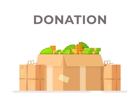 A box full of money. Vector illustration of a pile of gift boxes full of money. A donation to an orphanage, an animal shelter, or a sick person. Money Vector Illustration, Donation Boxes, Money Vector, Sick Person, Donation Box, Business Illustration, Student Loans, Animal Shelter, Gift Boxes