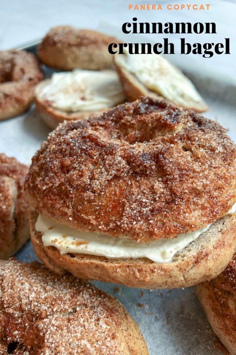 Cinnamon Crunch Bagel, Cinnamon Bagels, Panera Copycat, Bagel Toppings, Cinnamon Crunch, Homemade Bagels, Bagel Recipe, Panera Bread, Perfect Brunch