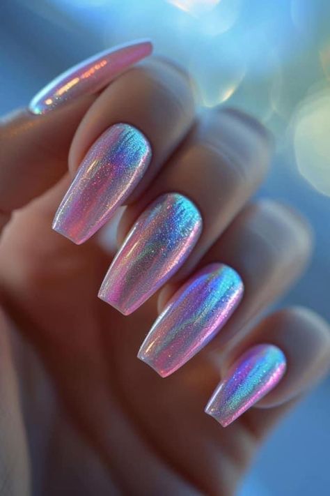 Pink Irridecent Design Nails, Black And Iridescent Nails, 2024 Birthday Nails, Purple Holographic Nails Designs, Unicorn Chrome Nails Designs, Rainbow Rhinestone Nails, Pink Holographic Nail Designs, Sparkly Chrome Nails, Holo Nail Art