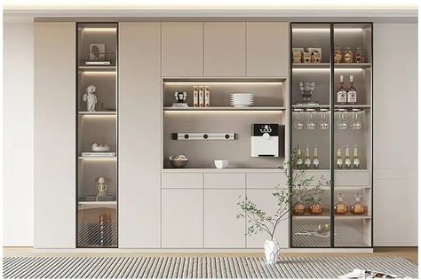 Kitchen Tall Units, Crockery Cabinet Design, Glass Kitchen Cabinets, Crockery Unit Design, Bar For Home, Modern Kitchen Design Grey, Modern Kitchen Design White, Kitchen Design White, Crockery Unit