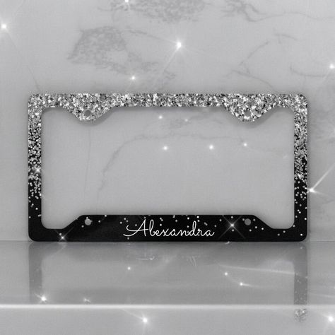 Luxury Silver and Black Faux Glitter and Sparkle Elegant Monogram License Plate. This License Plate can be customized to include your initial and first name. Monogram License Plate, Elegant Monogram, Exterior Car Accessories, Girly Design, License Plate Frame, Automotive Accessories, First Name, Plate Frames, License Plate Frames