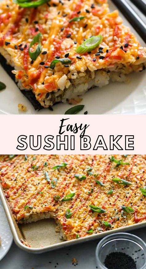 Easy Sushi Bake, Sushi Recipes Homemade, Sushi Bake, Easy Sushi, Creamy Crab, Sweet Rice, Spicy Mayo, Sushi Recipes, Think Food