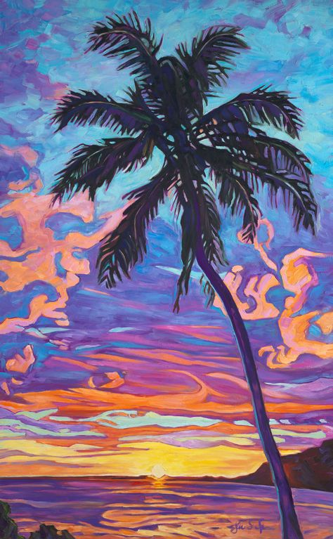 Sunset Drawing, Island Painting, Shadow Painting, Zen Painting, Beauty Paintings, Island Sunset, Hawaii Art, Tulip Painting, Fire Painting