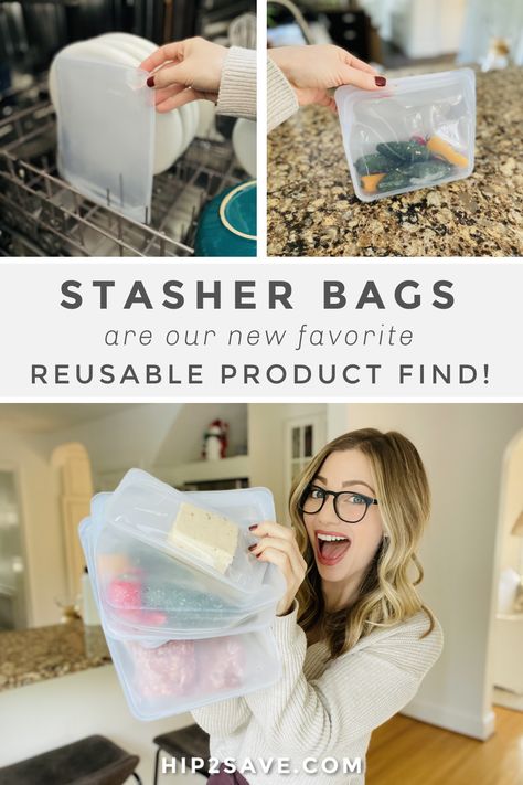 If you're using too much plastic, look into these incredibly innovative reusable Stasher bags - they're cleaner & more functional! #stasherbags #reusablebags #silicone #siliconebags #reusableproducts #sustainable #sustainability #stasherreusablebags Stasher Bag Organization, Cheap Reusable Practical Bags, Practical Reusable Bags For Daily Use, Stasher Bags, Freezer Bags Reusable, Storing Makeup Brushes, Reusable Silicone Food Storage Bags, Freezer Organization, Dollar Store Diy Projects