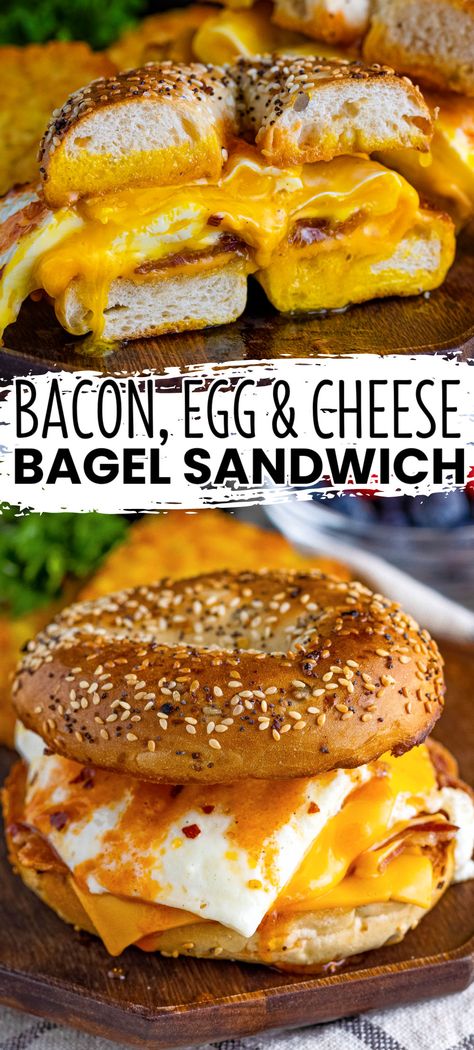 Start your day with a delicious Bacon, Egg & Cheese Bagel Breakfast Sandwich! Pick your bagel and top it with morning favorites and hot sauce! Turkey Bacon Breakfast Sandwich, Egg Bagel Sandwich, Turkey Bacon Breakfast, Bagel Sandwich Recipes, Bagel Breakfast, Bread Booze Bacon, Bagel Breakfast Sandwich, Bagel Toppings, Egg And Cheese Sandwich