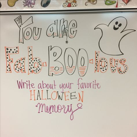 Fab-BOO-lous--white board messages                                                                                                                                                                                 More Halloween Morning Message, Halloween Whiteboard Prompt, Halloween Whiteboard Ideas, Friday Whiteboard Message, Daily White Board Ideas, White Board Questions, Things To Write On A White Board, Summer White Board Ideas, Halloween White Board Ideas