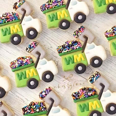 Garbage Truck Cookies Decorated, Trash Truck Cookies, Garbage Truck Cookies, Garbage Truck Birthday Cookies, Garbage Truck Birthday Party, Garbage Truck 2nd Birthday Party, Trash Truck Birthday Party, Garbage Themed Birthday, Trash Truck Netflix Birthday Party