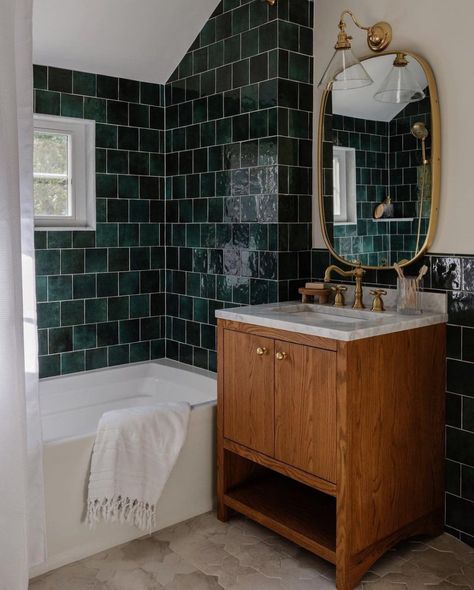 House renovation • Instagram Green Tiles In Bathroom, Tiles In Bathroom, Dark Green Tile, Glossy Ceramic Tile, Bedrosians Tile, Green Tiles, Teal Bathroom, Bathroom Tile Designs, House Hunters