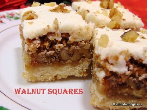 Walnut Squares are a Newfoundland favourite! The squares have a delicious shortbread bottom, a walnuts and coconut filling topped with vanilla icing. Queen Anne Squares, Christmas Cookies And Squares, Baking Squares, Walnut Squares, Cherry Pound Cake, Apple Squares, Vanilla Buttercream Icing, Canadian Cuisine, Dessert Squares