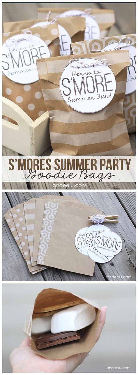 DIY S'Mores Summer Party Goodie Bags! EASY tutorial and FREE Printable Goodie Bag Tags from http://Landeelu.com Party Goodie Bags, Pyjamas Party, Anniversaire Diy, Summer Printables, Diy Party Favors, 카드 디자인, Camping Party, S'mores, Crafty Creations