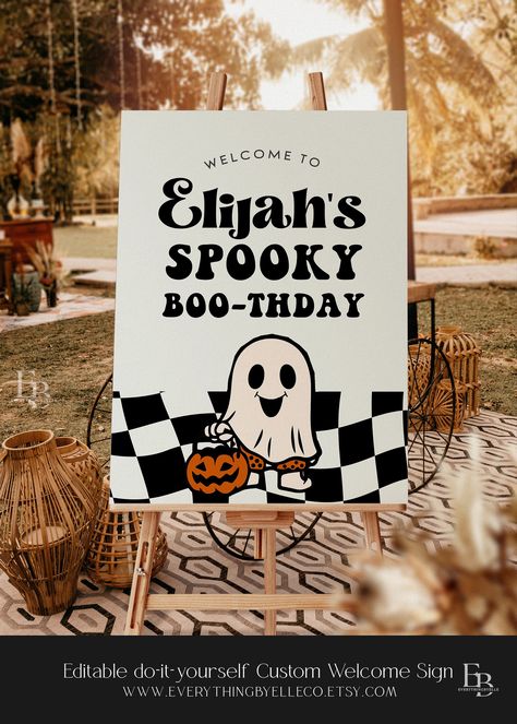 Spooky Dude Birthday, Spooky Birthday Invitations, One Spooky Dude Birthday Decorations, One Spooky Dude Birthday, 1st Birthday Welcome Sign, Halloween Toddler Party, Halloween Theme Birthday, Two Spooky, Spooky Birthday