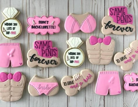 Funny Bachelorette Food Ideas, Bachelorette Party Sweet Treats, Bachelorette Cookie Ideas, Bach Party Cookies, Pink Bachelorette Cookies, Hen Party Biscuits, Bachelor Party Cookies, Cookies Bachelorette Party, Bachelorette Cookies Funny