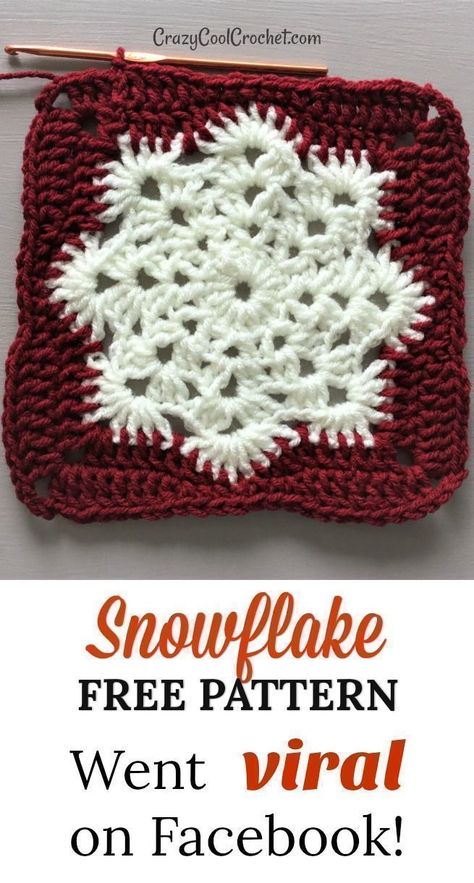 Snowflake FREE PATTERN I used for a crochet Christmas pillow. Facebook went mini-viral for this! Fast crochet. Makes great crochet Christmas gifts! Unique teacher gift! #crazycoolcrochet #crochetChristmas #freecrochetpattern #freecrochetpatterns #crochetf Crochet Snowflake Blanket Pattern, Christmas Dish Cloths Free Pattern, Peppermint Granny Square, Afghan Patterns Crochet Free, Free Pattern Crochet Animals, No Gap Granny Square, Crochet Christmas Pillow, Crochet Teacher Gifts, Granny Square Häkelanleitung