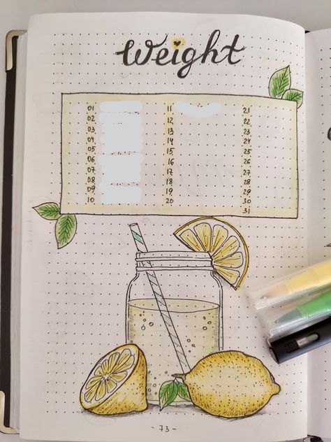 My bullet journal - July - Weight page - Lemon theme Bullet Journal Work, Lemon Theme, Bullet Journal Ideas Templates, Bullet Journal Paper, Bulletin Journal Ideas, Bullet Journal Mood, Bullet Journal Aesthetic, Bullet Journal Diy, Bullet Journal Notebook