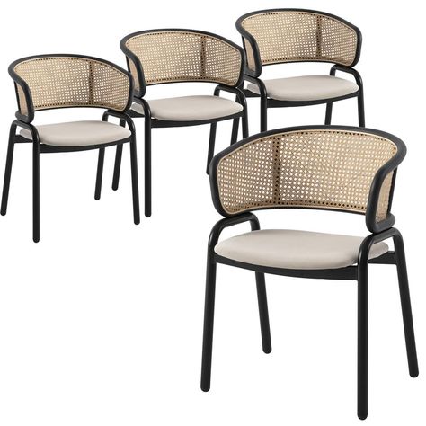 The Ervilla dining chair is designed to bring an elegant and stylish look to any kitchen and dining room. The chair features a comfortable velvet seat with a rattan back and a powder coated metal base. The dining arm chair comes with plastic glides to make it easy to move around. The velvet seat of this chair is soft and luxurious with a deep color that is sure to make a statement in any kitchen or dining room. The rattan back of the chair adds texture, and the powder coated metal base ensures t Modern Cane Dining Chair, Round Wooden Dining Table And Chairs, Dining Chairs With Black Table, Black And Rattan Dining Chair, Inexpensive Dining Chairs, Boho Chic Dining Room Decor, Black Woven Dining Chairs, Woven Dining Room Chairs, Dining Chairs For Black Table