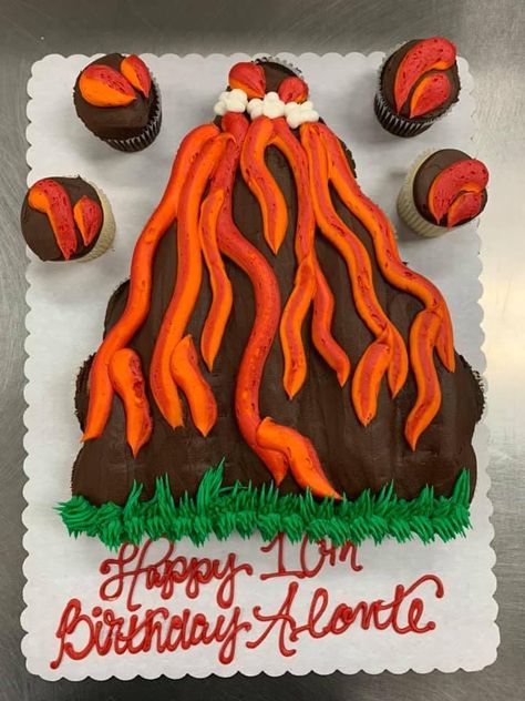 Volcano Cupcake Cake, Lava Birthday Cake, Lava Birthday Party, Floor Is Lava Birthday Party, Volcano Cupcakes, Science Birthday Party Ideas, Volcano Cake, Vegan Cheese Recipes, Science Birthday