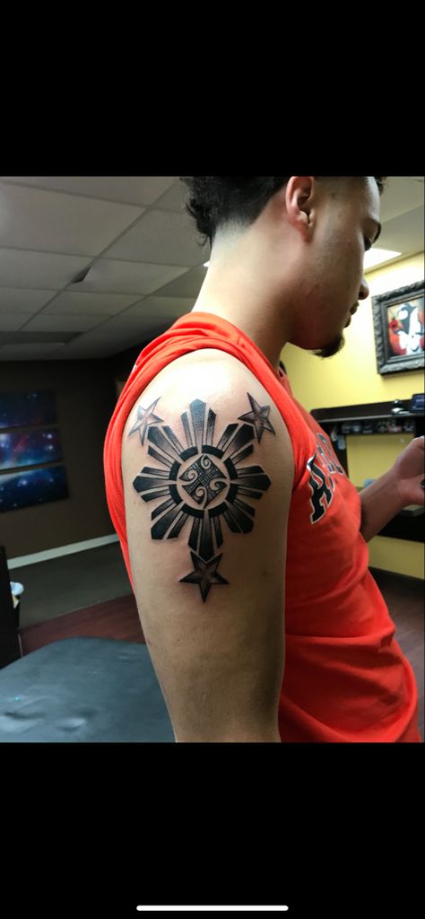 Filipino Neck Tattoo, Filipino Arm Tattoo, Filipino Sun Tattoo Design, Half Filipino Sun Tattoo, Filipino Sun And Flower Tattoo, Philippine Sun Tattoo, Philippines Sun Tattoo, Filipino Sun Tattoo, Filipino Sun And Stars Tattoo