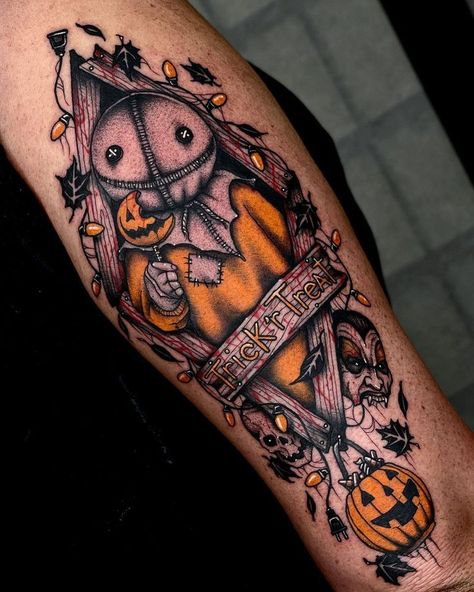 Trick Or Treat Tattoo Ideas, Halloween 3 Tattoo, Scary Halloween Tattoos, Trick R Treat Nails, Horror Movie Sleeve Tattoo, Horror Movies Tattoos, Sam Trick R Treat Tattoo, Trick Or Treat Tattoo, Horror Movie Tattoos Sleeve