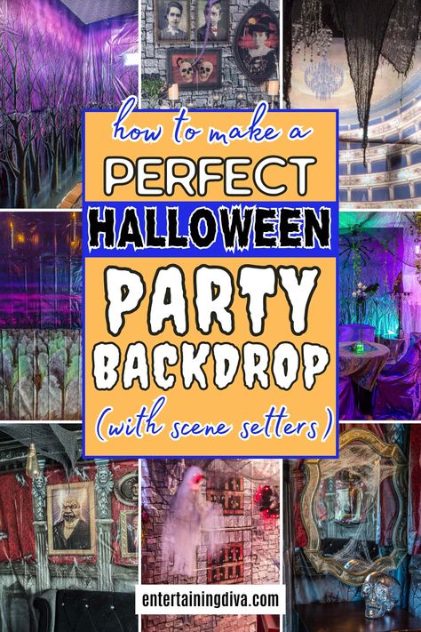 How To Make A Perfect Halloween Party Backdrop With Scene Setters Diy Halloween Bottles, Halloween Scene Setters, Halloween Forest, Halloween Party Backdrop, Halloween Party Drinks, Spooky Forest, Halloween Haunted House Decorations, Perfect Halloween Party, Scene Setters