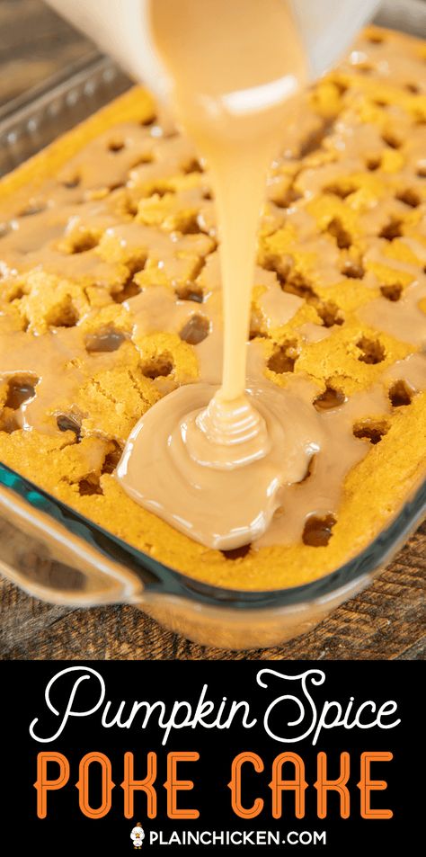 Pumpkin Cake With Sweetened Condensed Milk, Spiced Pumpkin Poke Cake, Poke Cake Recipes Pumpkin, Easy Pumpkin Spice Cake 3 Ingredients, Pumpkin Cake Yellow Cake, Pumpkin Poke Cake With Caramel, Pumpkin Spice Poke Cake Recipe, Fall Yummy Recipes, Spice Cake Poke Recipes