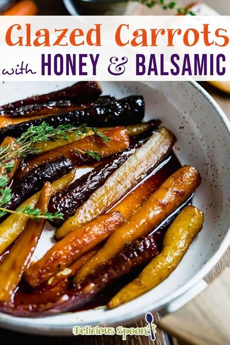 Tender glazed carrots with honey & balsamic vinegar pan-roasted along with fresh thyme. An easy one-pan side dish that only takes 20 minutes. Easy enough for a weeknight dinner and fancy enough to serve for a dinner party. Pairs perfectly with turkey, chicken and lamb and duck. Sometimes you just need to be fancy so I used heirloom carrots for this recipe but your regular orange carrot will do just the same. | @thedeliciousspoon #honeyglazedcarrots #balsamicglazedcarrots #holidaysidedish Vegtables Sides, Honey Balsamic Carrots, Rainbow Carrot Recipes, Balsamic Glazed Carrots, Carrots With Honey, Balsamic Carrots, Carrot Recipes Side Dishes, Balsamic Carrots Roasted, Glazed Carrots Recipe