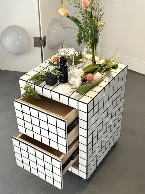 Tile Effect Small Side Table and Nightstand with Wheels | HomeinFun Nightstand Maximalist, Fun Nightstand, Tile Nightstand, Tile Dresser, Tile Side Table, Tiled Table, Coffee Table With Chairs, Compact Furniture, Tile Furniture