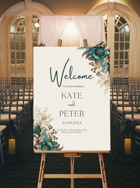 Warmly great your guests with this teal and gold welcome sign printable. Featuring a lovely floral design, you need only personalized with your names and the date of your wedding and print from home or printer nearby. Teal Green And Gold Wedding, Glass Wedding Card Box, Teal Gold Wedding, Teal And Gold Wedding, Gold Wedding Welcome Sign, Gold Welcome Sign, Pillar Candle Centerpieces, Hunter Green Wedding, Glitter Wine Bottles