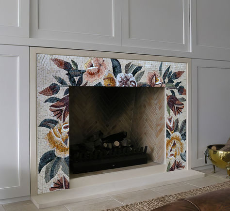 Bring warmth and elegance straight to your living room with our Flower Bouquet Mosaic Fireplace 🏡✨. Don't just imagine the transformation; make it yours! 💖 Focal Fireplace Wall, Terrazzo Fireplace, Fireplace Mantels Diy, Hearth Decorating Ideas, Subway Tile Fireplace, Mosaic Tile Fireplace, Tile Hearth, Tile Fireplace Surround, Fireplace Hearth Tiles