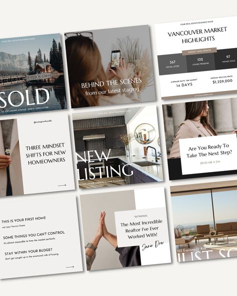 Take your real estate marketing up a notch with these modern, sleek, and stylish Instagram post templates. 100% customizable for free in Canva! 17 IG square posts with stock images and content prompts included. Get access to them today! Real Estate Instagram Templates, Free Instagram Template, Ig Real Estate Post, Free Real Estate Social Media Posts, Real Estate Grid Instagram, Real Estate Listing Social Media Posts, Real Estate Instagram, Templates For Instagram, Instagram Template Design