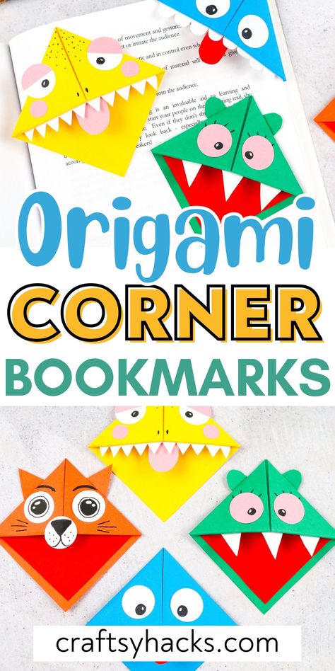 Add a touch of creativity to your reading with these adorable origami bookmarks! Perfect for book lovers, these is one of the most fun craft ideas to transform simple paper into functional and fun accessories. Explore our origami crafts and arts and crafts inspiration for your next project! Origami Book Marks Corner Bookmarks, Origami Bookmark Corner Step By Step, Paper Crafts Bookmarks, Easy Bookmark Ideas For Kids, Unique Crafts For Kids, Bookmarks For Kids To Make, World Book Day Crafts, Easy Paper Crafts For Kids Simple, Simple Bookmark Ideas